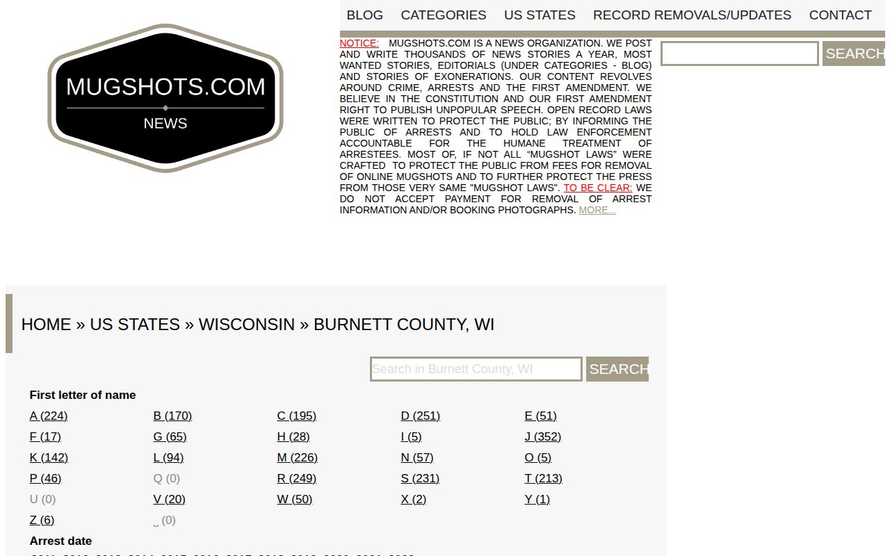 Unofficial Burnett County mugshot listing source with historical-record caveat